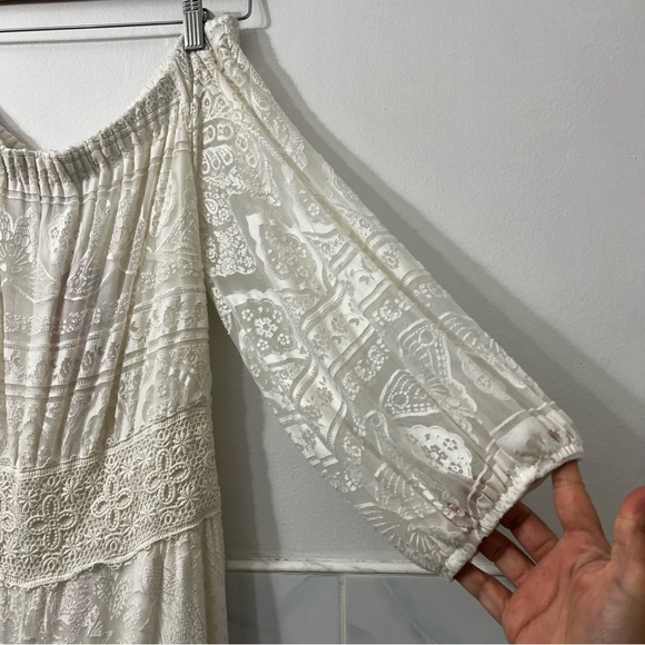 Anthropologie x Farm Rio Small Ivory Off Shoulder Lace Wide Leg Cropped Jumpsuit - Picture 6 of 13